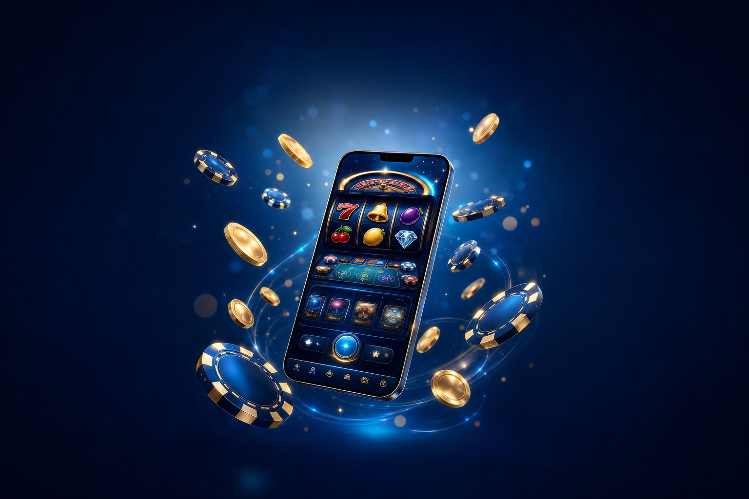 PlayBaze mobile app banner with smartphone, casino UI shapes and teal gold lighting