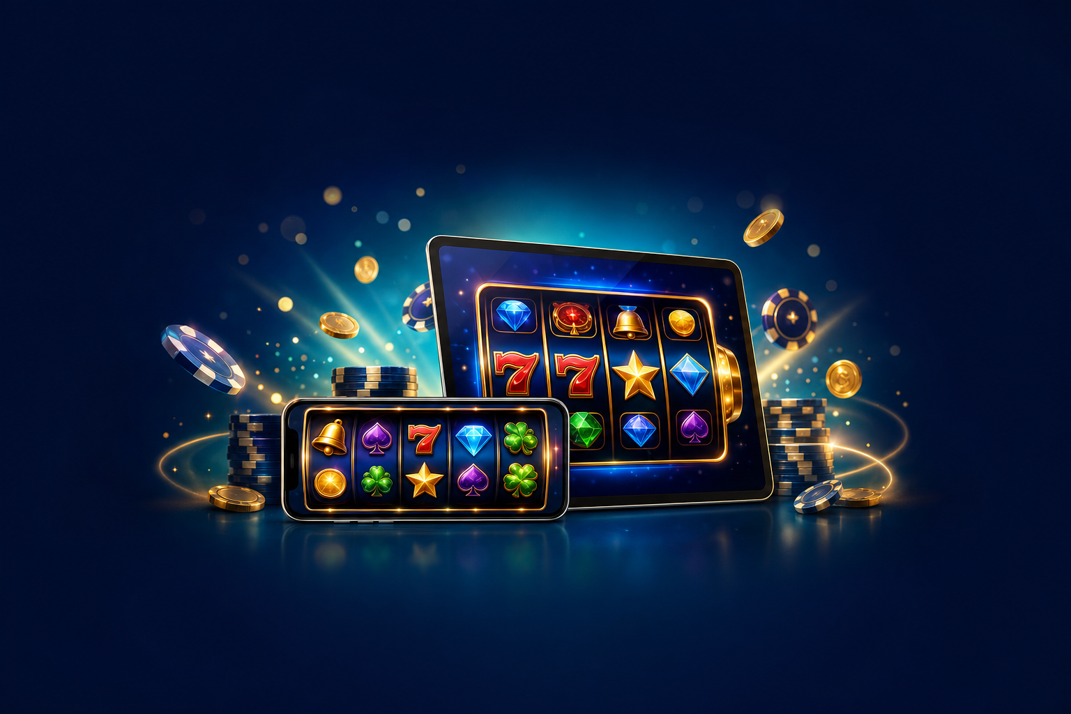 PlayBaze mobile app banner with smartphone, casino interface and teal gold lighting