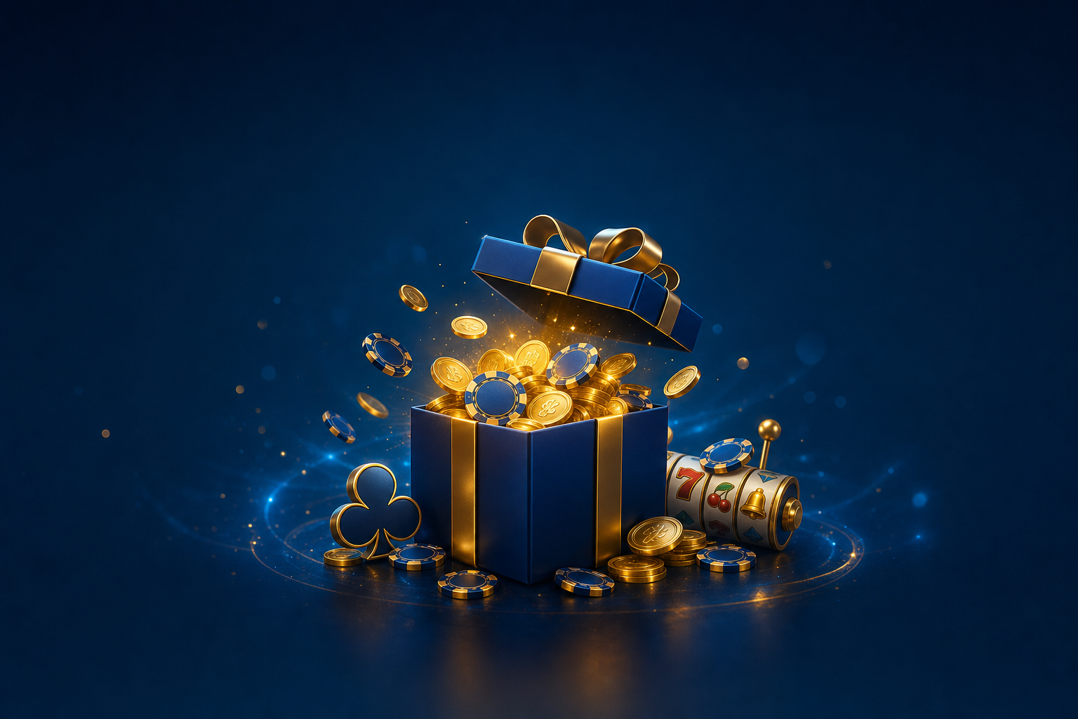 PlayBaze first deposit bonus banner with CAD chips, slot reels and teal gold lighting