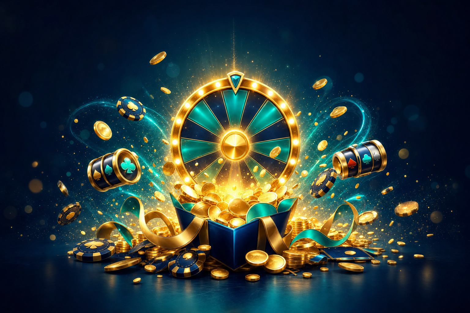 PlayBaze welcome bonus banner with CAD chips, free spins and teal gold lighting