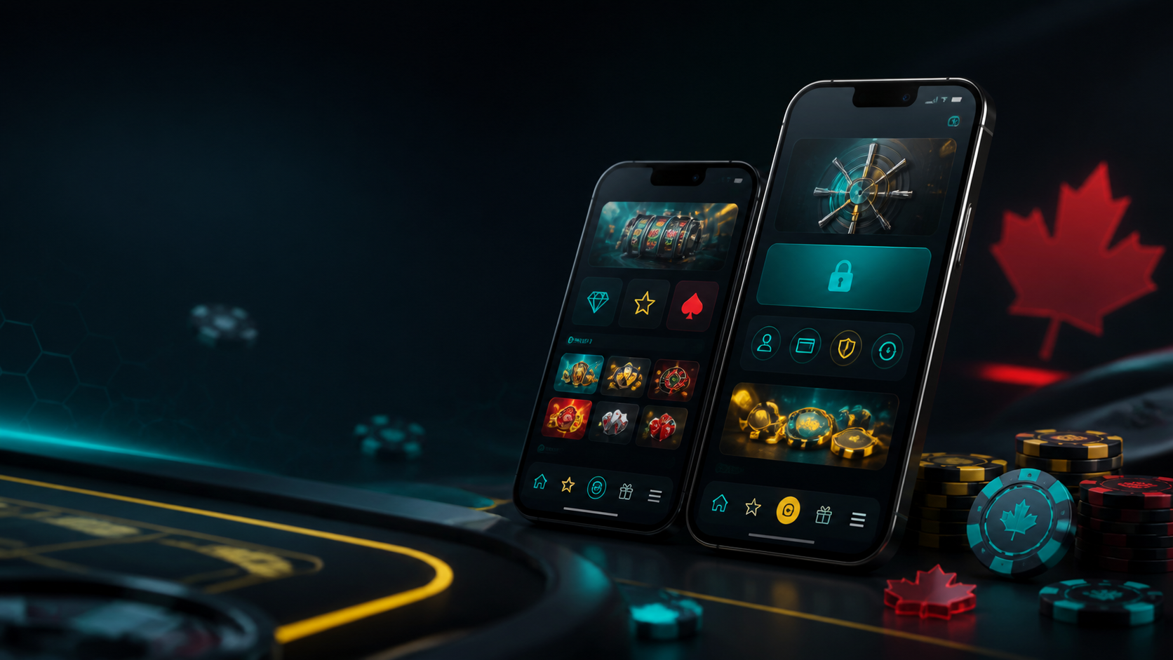 PlayBaze Casino Canada mobile app visual with smartphones, casino UI shapes and teal gold lighting