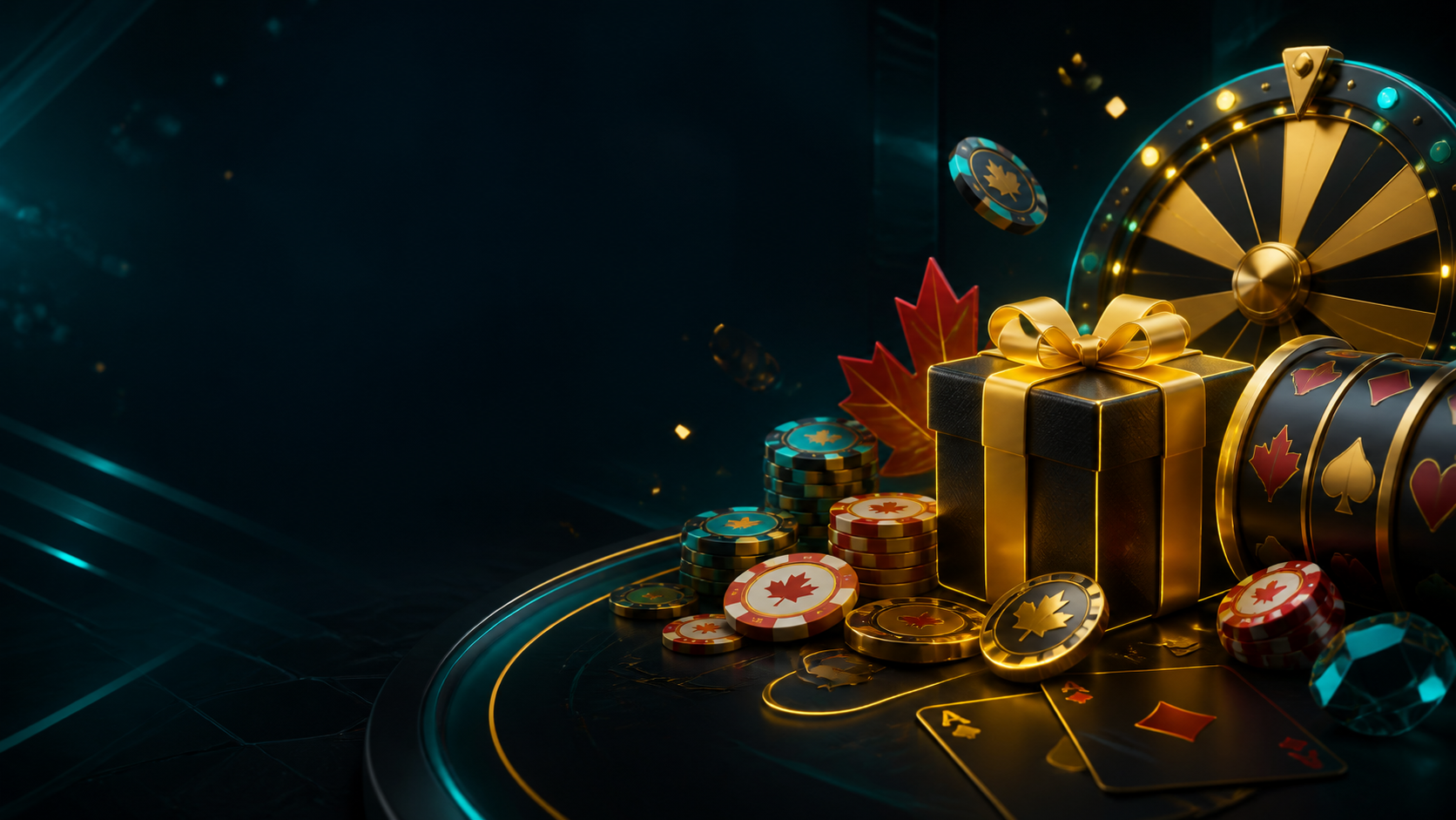 PlayBaze Casino Canada bonuses visual with chips, slot reels and teal gold lighting