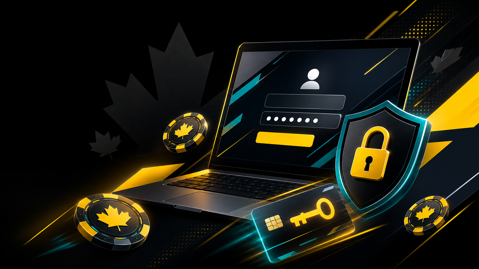 Secure PlayBaze login illustration with device, shield and Canadian casino accents